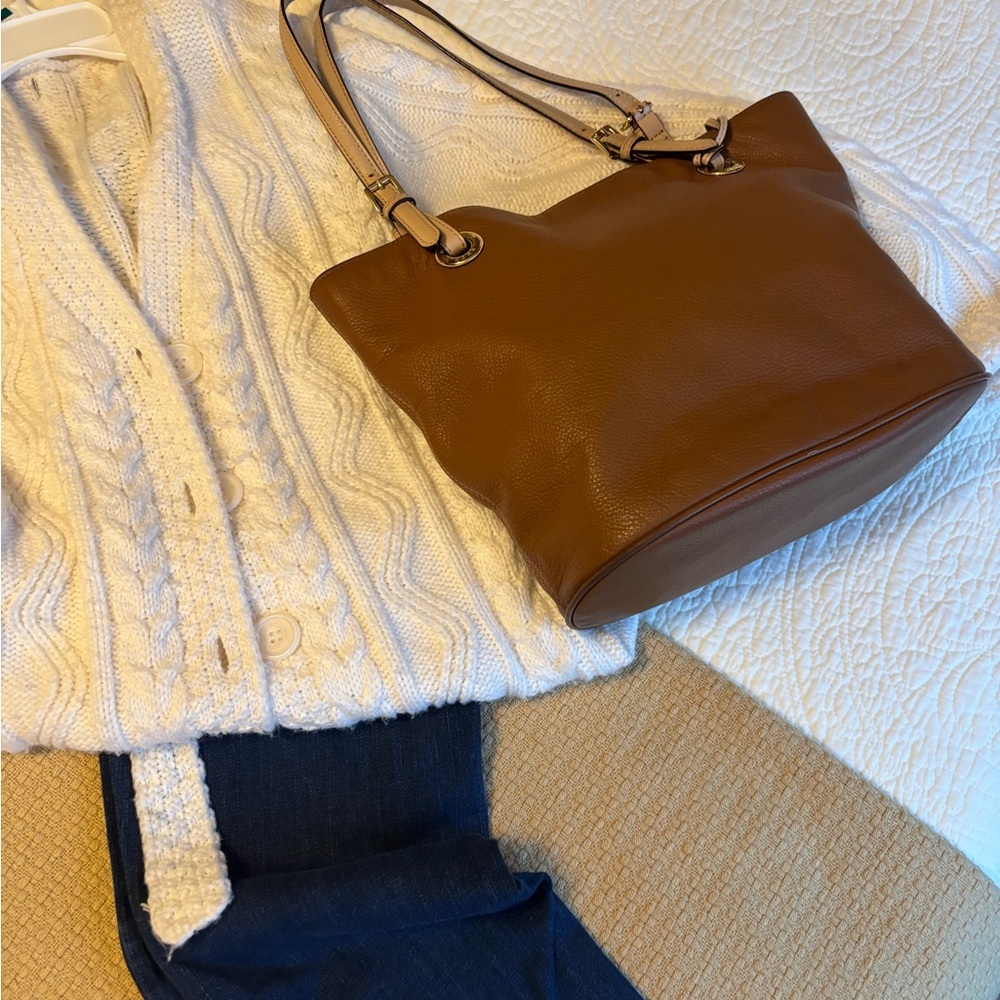 SOLD - Michael Kors Tan Leather Tote with Gold Accents